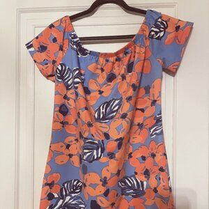 Mahi Gold Floral Print Short Sleeve Mini Dress Blue And Red Wildflowers Poppy S